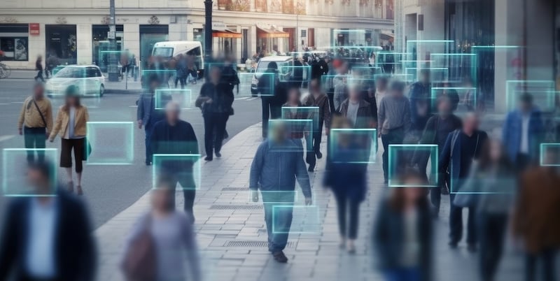 People walking in a city with AI-powered security on them 